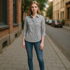 * DELIA*S Denim Look Floral Print V Neck Shirt Ladies XSMALL Pockets